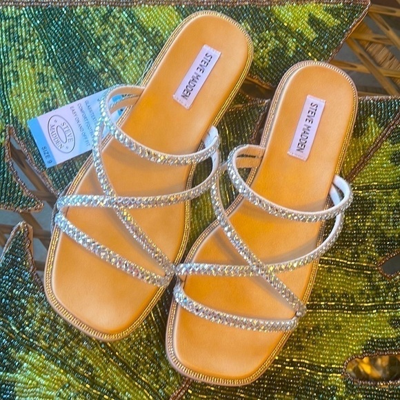 Brand New Steve Madden Glass Beaded Bling Multi Strap Slides  Slip On Sandals - Picture 15 of 15